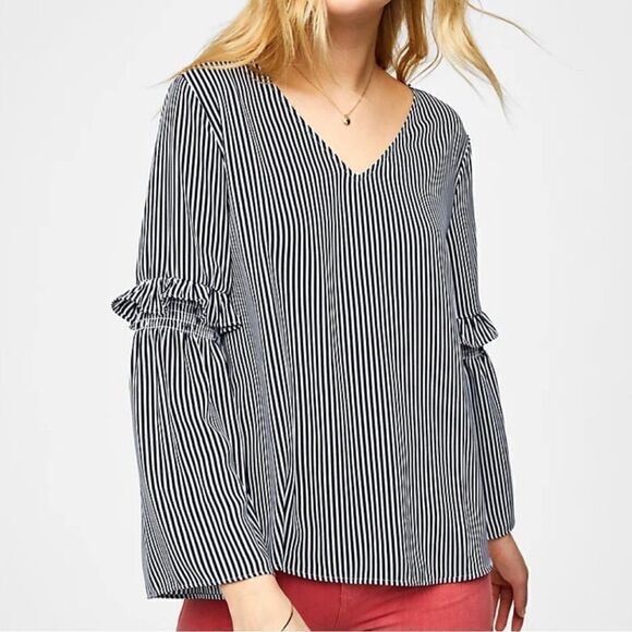 Loft S Women's Blue Striped V Neck Ruffle Sleeve Blouse Top - Picture 1 of 3